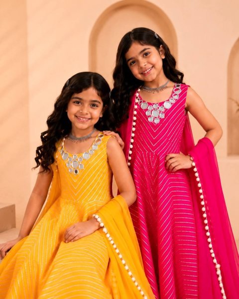 Elegant Hot Pink Girls Fox Georgette Gown Sharara Dupatta Set for Festival Girls Wear