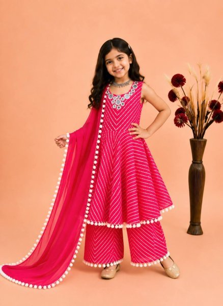 Elegant Hot Pink Girls Fox Georgette Gown Sharara Dupatta Set for Festival Girls Wear