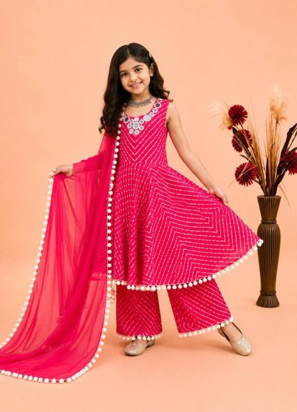 Elegant Hot Pink Girls Fox Georgette Gown Sharara Dupatta Set for Festival Girls Wear