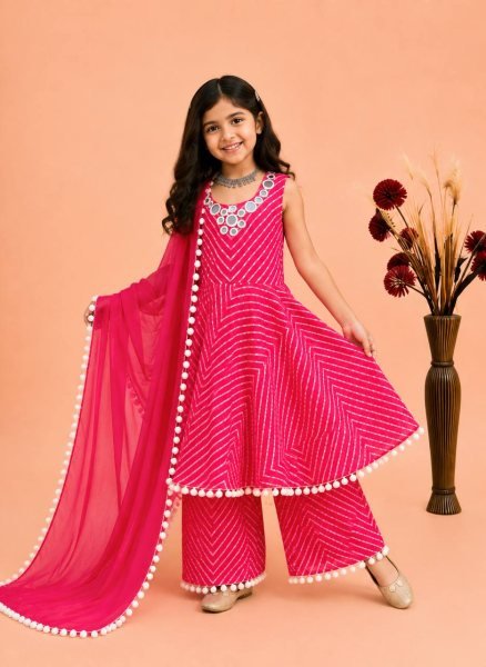 Elegant Hot Pink Girls Fox Georgette Gown Sharara Dupatta Set for Festival Girls Wear