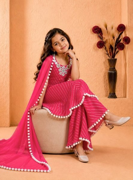 Elegant Hot Pink Girls Fox Georgette Gown Sharara Dupatta Set for Festival Girls Wear