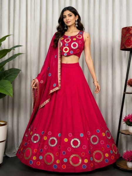 Elegant Hot Pink Vichitra Silk Lehenga Choli with Aari Mirror Work and Dupatta  Lehenga