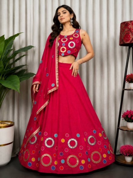 Elegant Hot Pink Vichitra Silk Lehenga Choli with Aari Mirror Work and Dupatta Navratri Lehnega Choli