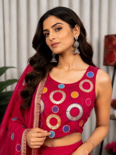 Elegant Hot Pink Vichitra Silk Lehenga Choli with Aari Mirror Work and Dupatta Navratri Lehnega Choli