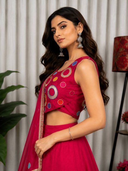 Elegant Hot Pink Vichitra Silk Lehenga Choli with Aari Mirror Work and Dupatta Navratri Lehnega Choli