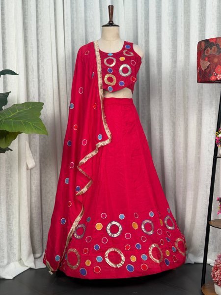 Elegant Hot Pink Vichitra Silk Lehenga Choli with Aari Mirror Work and Dupatta Navratri Lehnega Choli