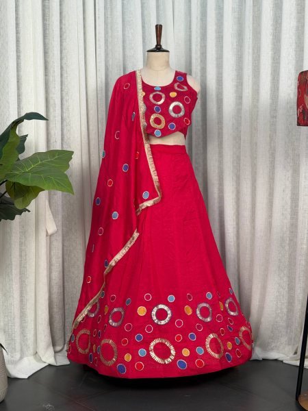 Elegant Hot Pink Vichitra Silk Lehenga Choli with Aari Mirror Work and Dupatta Navratri Lehnega Choli
