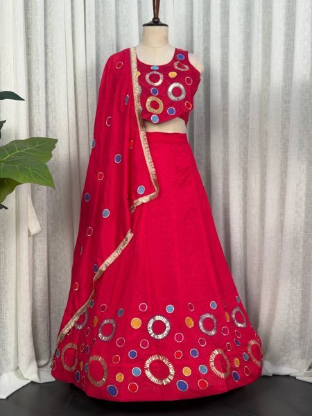 Elegant Hot Pink Vichitra Silk Lehenga Choli with Aari Mirror Work and Dupatta Navratri Lehnega Choli