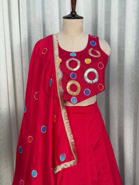 Elegant Hot Pink Vichitra Silk Lehenga Choli with Aari Mirror Work and Dupatta Navratri Lehnega Choli