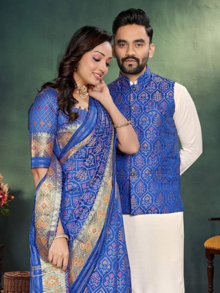 Elegant Indian Blue Couple Combo Kurta Pajama with Silk Koti for Men & Designer Saree for Women Reseller  Couple Combo collection 