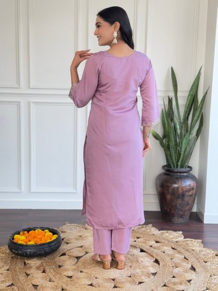 Elegant Lavender Chanderi Kurti set in Embroidery work With  Printed Dupatta 3 Piece Kurti Set