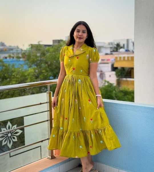 Elegant Lime Green Mul Chanderi Frock with Floral Hand Work and Puff Sleeves Western Ladies Top Wholesale