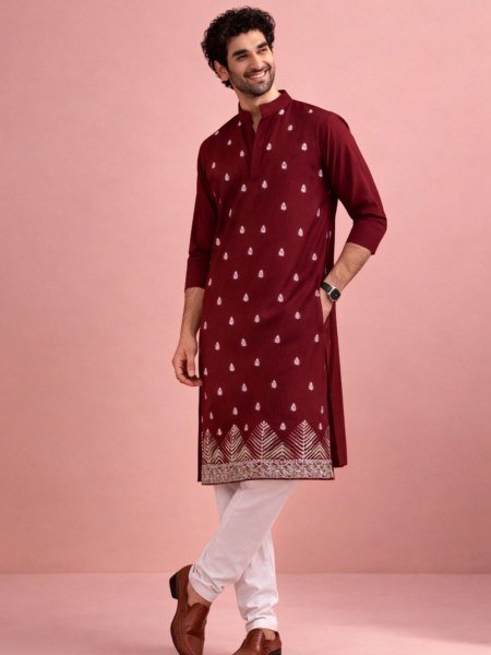 Elegant Maroon Boutique Quality Men's Woven Kurta with Cotton Salwar Bottom Mens Wear