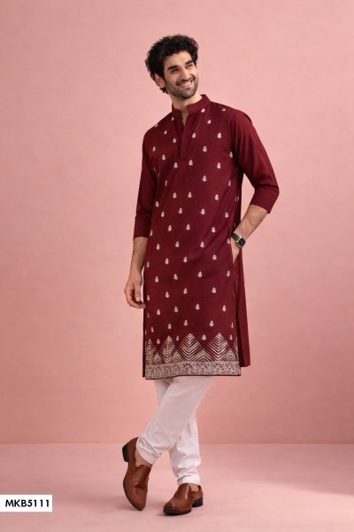Elegant Maroon Boutique Quality Men's Woven Kurta with Cotton Salwar Bottom Kurta Pajama Wholesale
