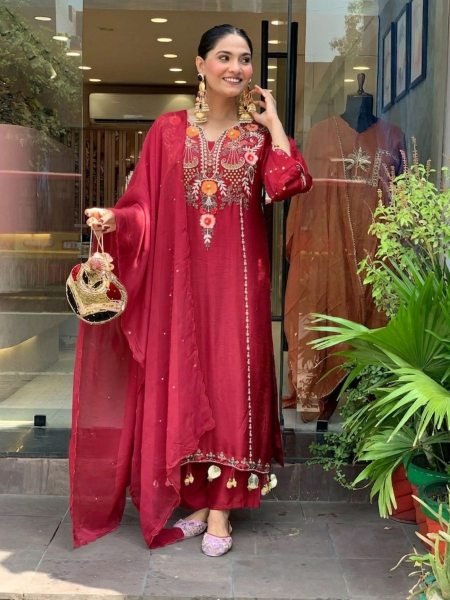 Elegant Maroon Cotton Embroidered Kurta Set with Dupatta for Special Occasions  Kurtis