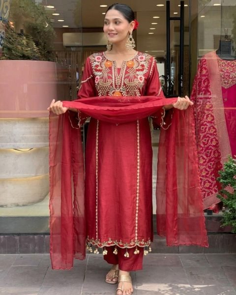 Elegant Maroon Cotton Embroidered Kurta Set with Dupatta for Special Occasions  Embroidery Kurtis 