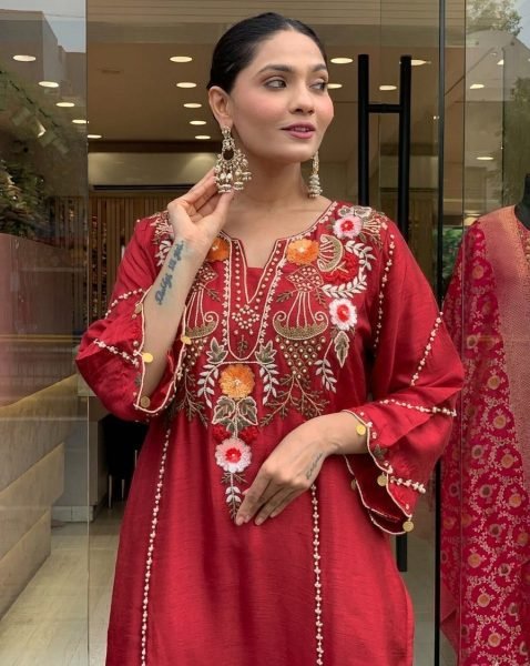 Elegant Maroon Cotton Embroidered Kurta Set with Dupatta for Special Occasions  Embroidery Kurtis 