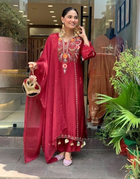 Elegant Maroon Cotton Embroidered Kurta Set with Dupatta for Special Occasions  Embroidery Kurtis 