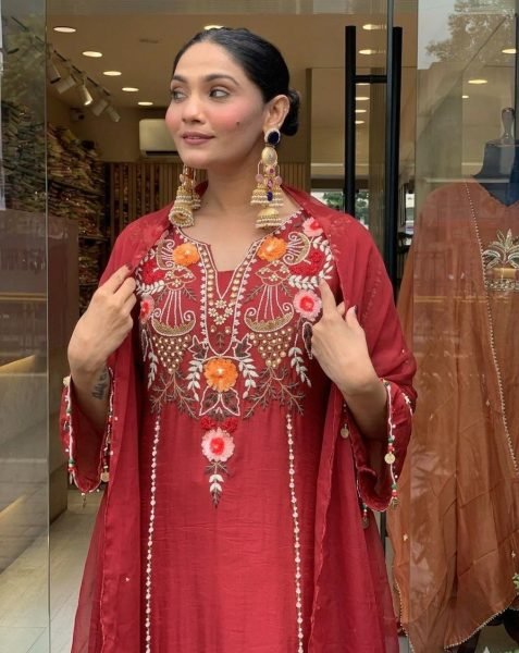 Elegant Maroon Cotton Embroidered Kurta Set with Dupatta for Special Occasions  Embroidery Kurtis 