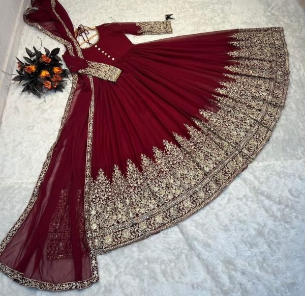 Elegant Maroon Fox Georgette Gown with Embroidery Work and Dupatta Ready To Wear Collection