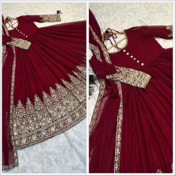 Elegant Maroon Fox Georgette Gown with Embroidery Work and Dupatta Ready To Wear Collection
