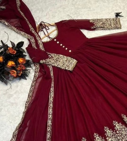 Elegant Maroon Fox Georgette Gown with Embroidery Work and Dupatta Ready To Wear Collection