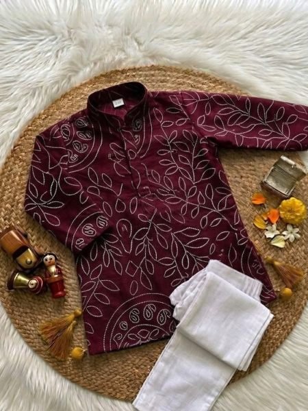 Elegant Maroon Premium Kids Ajrakh Kurta Pant Set in Pure Crepe Gajji Silk 