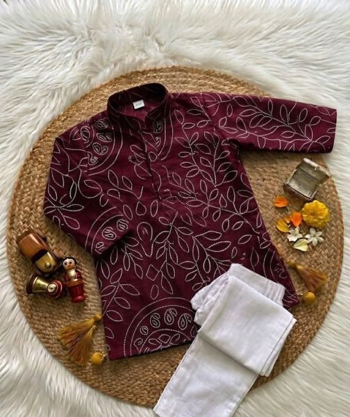 Elegant Maroon Premium Kids Ajrakh Kurta Pant Set in Pure Crepe Gajji Silk Boys Wear