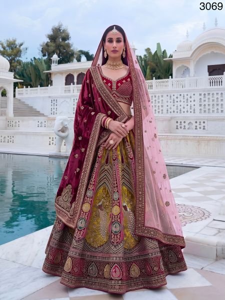Elegant Maroon Velvet Bridal Lehenga Choli with Designer Patch  Dori and Sequins Work at Wholesale Rate 