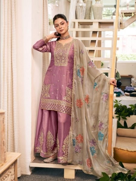 Elegant Mauve Designer Fendy Silk Plazo Suit with Front and Back Embroidery at Wholesale Rate 