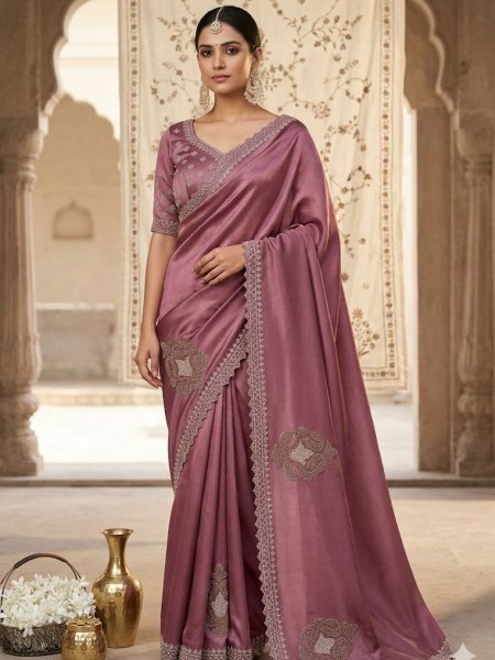 Elegant Mauve Mosa Chiffon Saree with Diamond Work for Party Wear at Wholesale Rate Sarees 