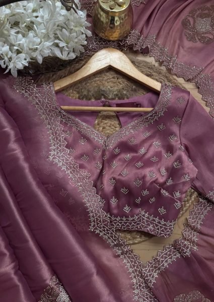 Elegant Mauve Mosa Chiffon Saree with Diamond Work for Party Wear at Wholesale Rate Designer Wedding Sarees Wholesale