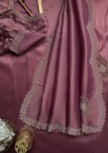 Elegant Mauve Mosa Chiffon Saree with Diamond Work for Party Wear at Wholesale Rate Designer Wedding Sarees Wholesale