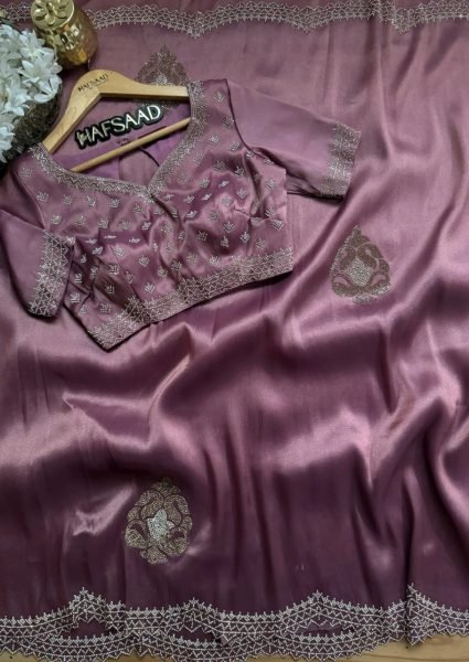 Elegant Mauve Mosa Chiffon Saree with Diamond Work for Party Wear at Wholesale Rate Designer Wedding Sarees Wholesale
