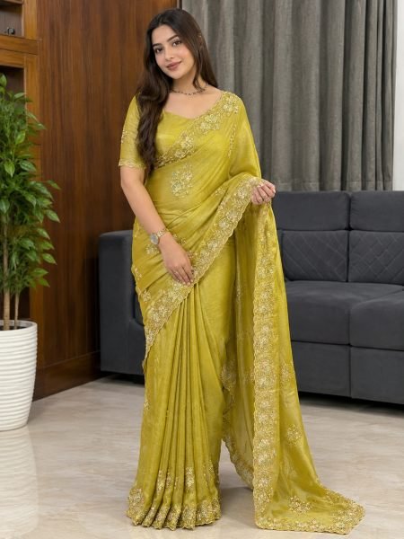 Elegant Mustard Yellow Designer Meri Gold Saree with Beads Sequins and Zari Work Sarees 