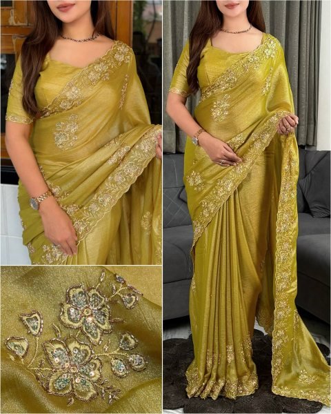 Elegant Mustard Yellow Designer Meri Gold Saree with Beads Sequins and Zari Work Embroidery Sarees Wholesale