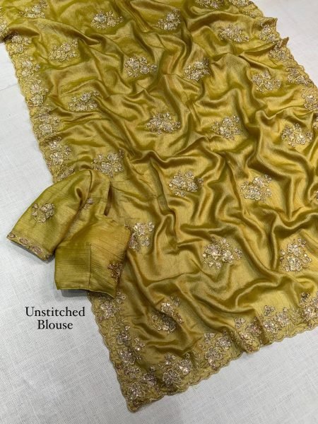 Elegant Mustard Yellow Designer Meri Gold Saree with Beads Sequins and Zari Work Embroidery Sarees Wholesale