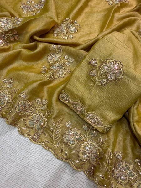 Elegant Mustard Yellow Designer Meri Gold Saree with Beads Sequins and Zari Work Embroidery Sarees Wholesale