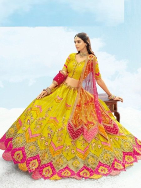 Elegant Mustard Yellow Embroidered Silk Lehenga Choli For Wedding Bridal Lehenga Choli
