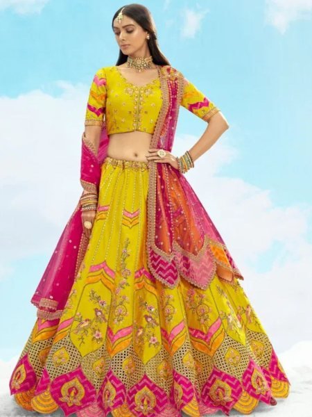 Elegant Mustard Yellow Embroidered Silk Lehenga Choli For Wedding Bridal Lehenga Choli