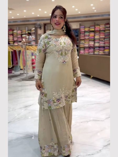 Pastel Elegance Natural Crepe Sharara Set with Thread Embroidery & Dupatta Ready To Wear Suit