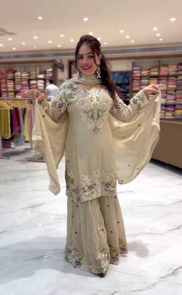 Pastel Elegance Natural Crepe Sharara Set with Thread Embroidery & Dupatta Ready To Wear Collection