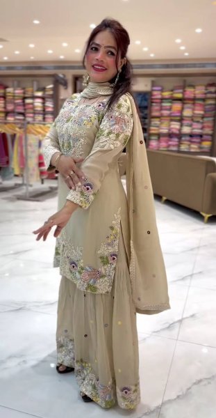 Pastel Elegance Natural Crepe Sharara Set with Thread Embroidery & Dupatta Ready To Wear Collection