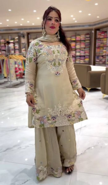 Pastel Elegance Natural Crepe Sharara Set with Thread Embroidery & Dupatta Ready To Wear Collection