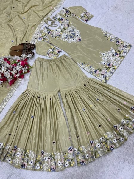 Pastel Elegance Natural Crepe Sharara Set with Thread Embroidery & Dupatta Ready To Wear Collection