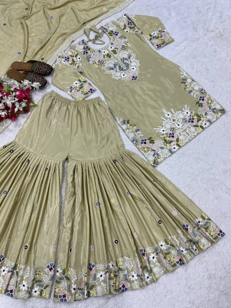 Pastel Elegance Natural Crepe Sharara Set with Thread Embroidery & Dupatta Ready To Wear Collection
