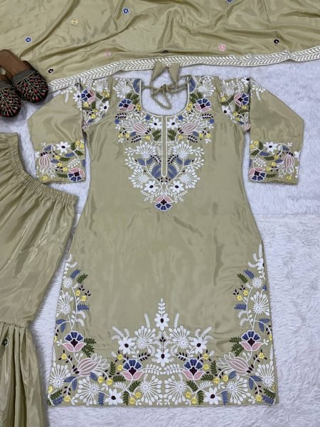 Pastel Elegance Natural Crepe Sharara Set with Thread Embroidery & Dupatta Ready To Wear Collection