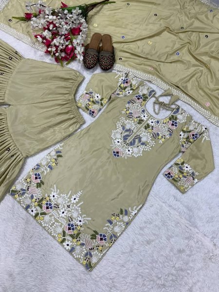 Pastel Elegance Natural Crepe Sharara Set with Thread Embroidery & Dupatta Ready To Wear Collection
