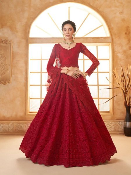 Elegant Net Lehenga with Corded Thread Embroidery Designer Bridal Wear at Wholesale Price