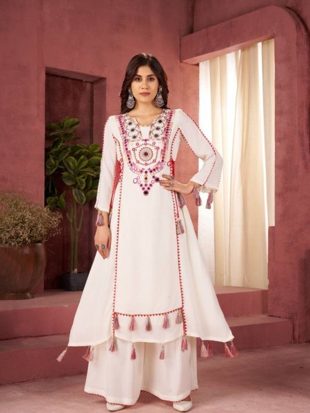 Elegant Off White Mirror Embroidered Rayon Kurti Set with Palazzo Navratri Ready